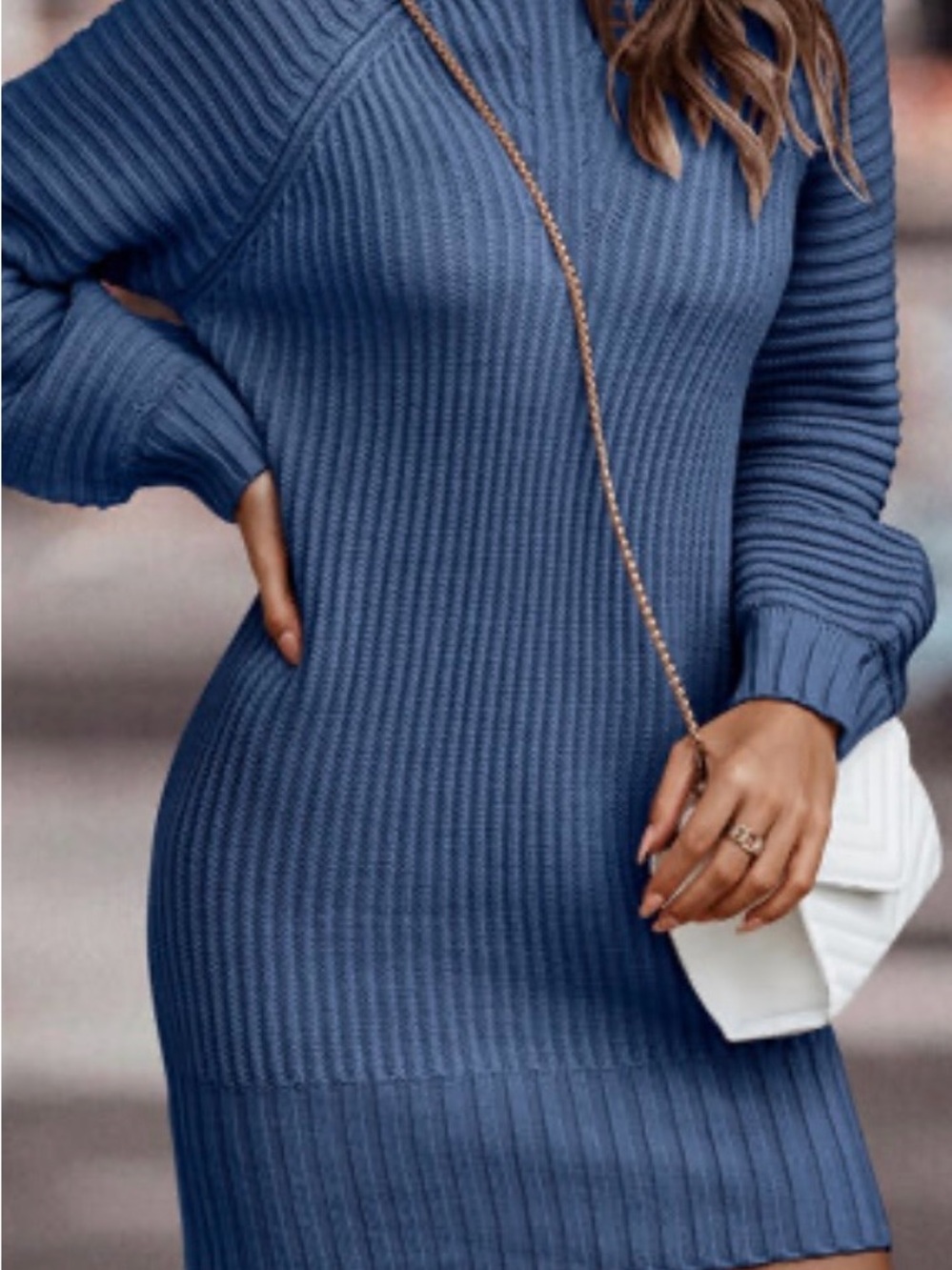 SHEIN Blue Ribbed Knit Crewneck Sweater Dress
